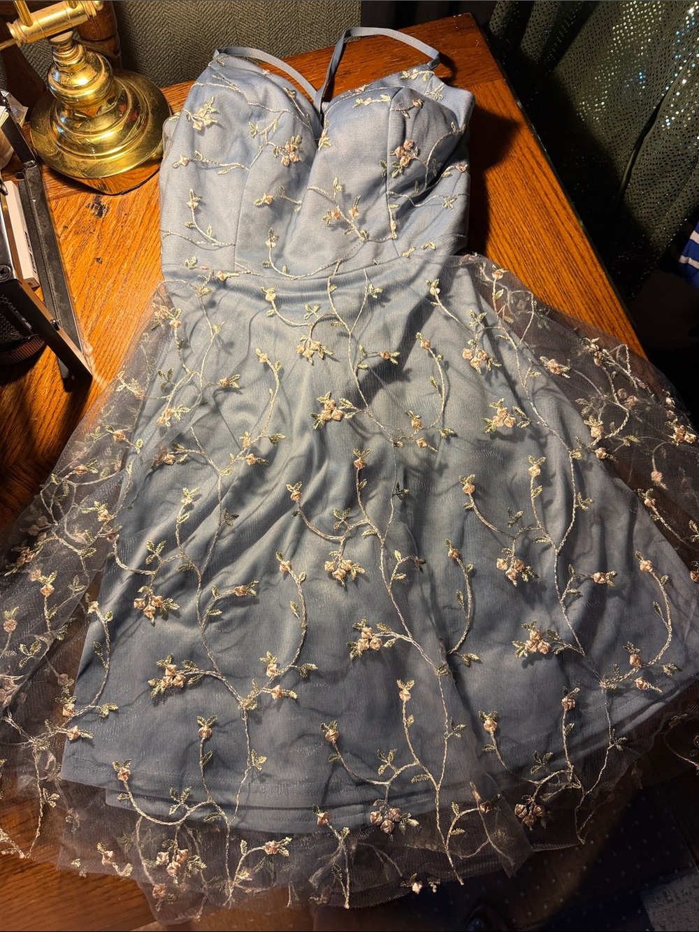 SHEIN Dusty Blue Floral Embroidered Mini Dress